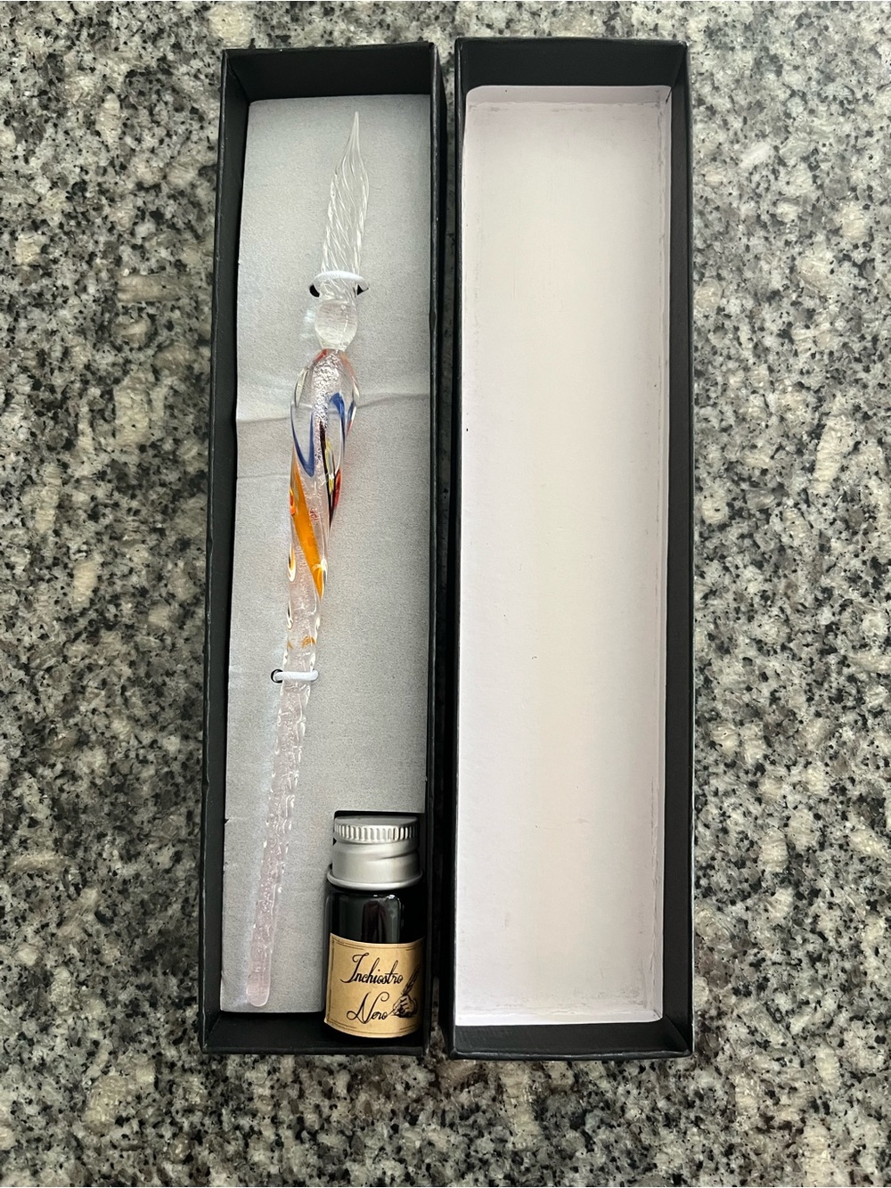 Hand-Blown Glass Dip Pen with Clear, Blue & Orange Swirl - Luxury Gift Set